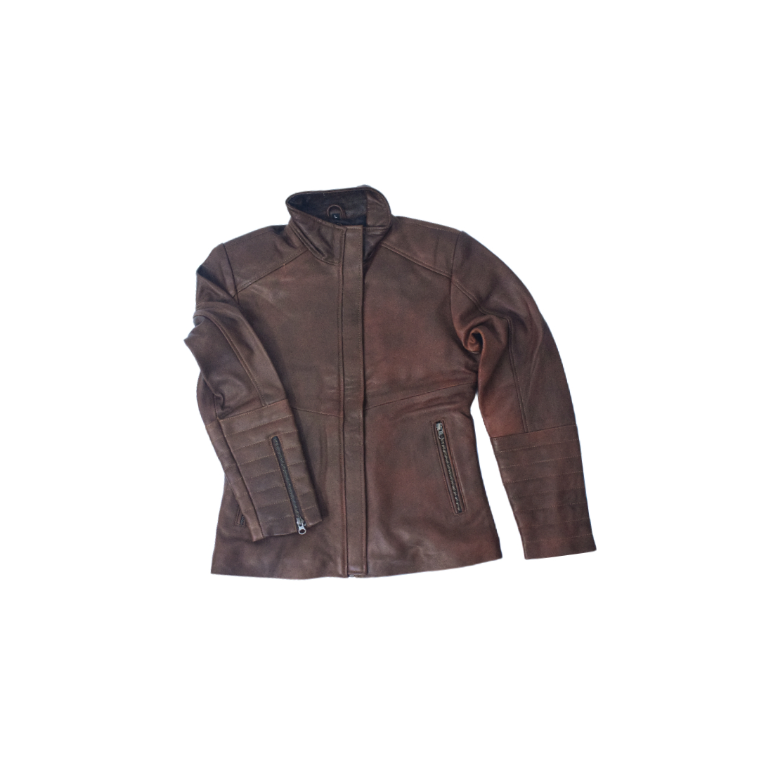 Women's Rustic Brown Vintage Leather Jacket with Quilted Sleeves – Eliteverse Collection - Image 5