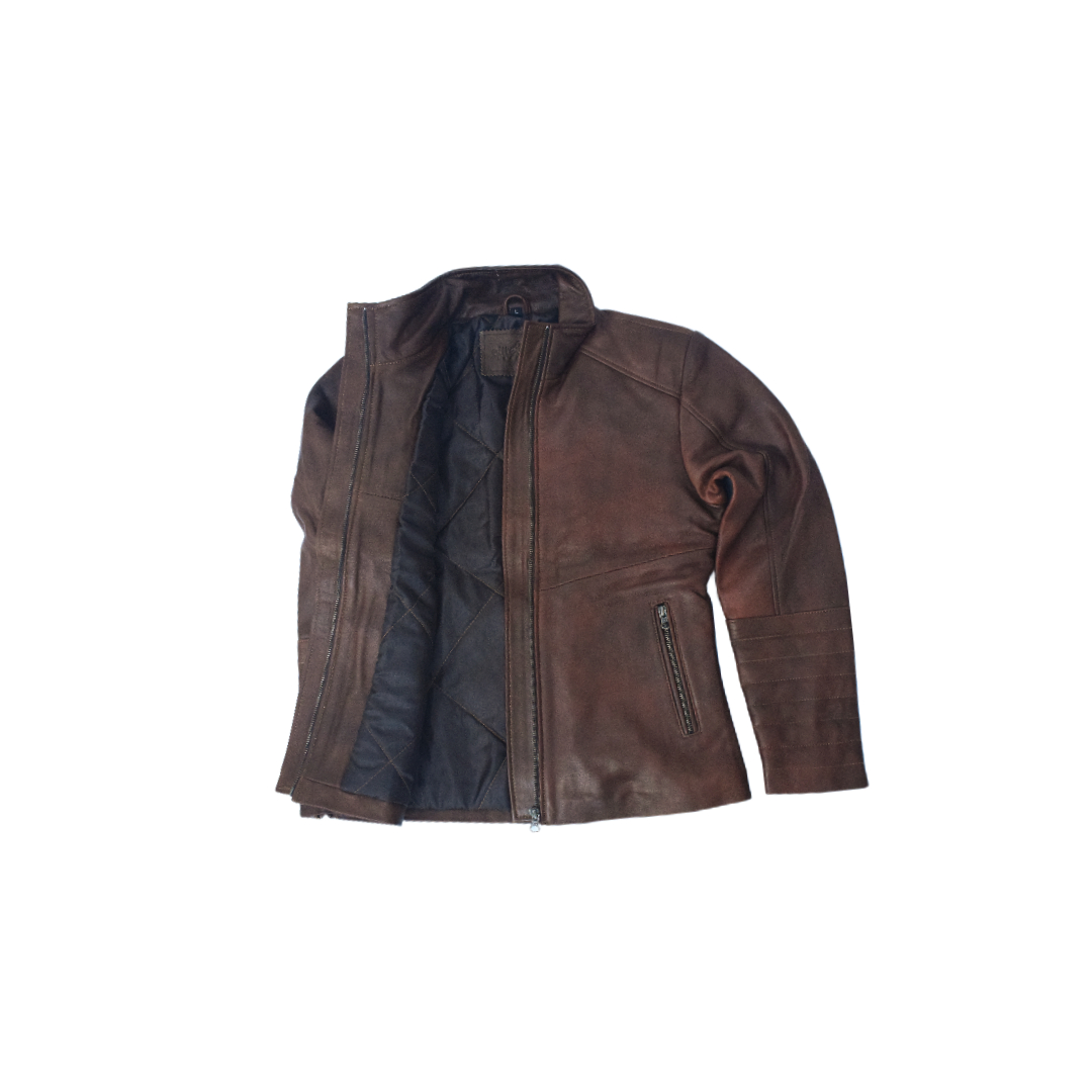 Women's Rustic Brown Vintage Leather Jacket with Quilted Sleeves – Eliteverse Collection - Image 4
