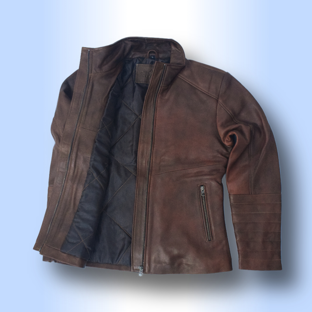 Women's Rustic Brown Vintage Leather Jacket with Quilted Sleeves – Eliteverse Collection - Image 2