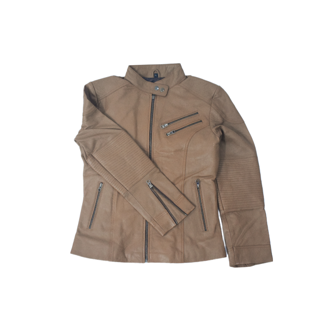 Women's Tan Brown Leather Jacket with Quilted Sleeves & Zip Detailing – Eliteverse