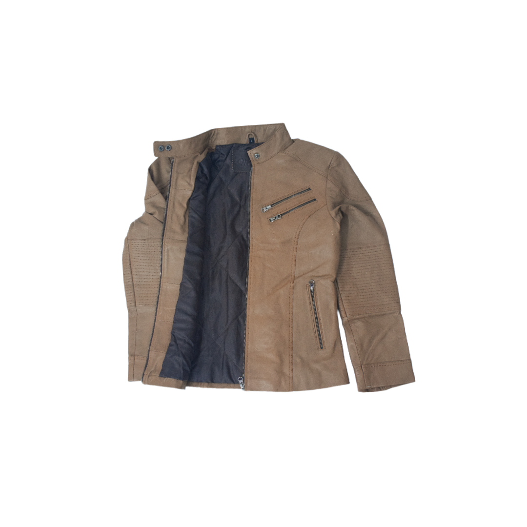 Women's Tan Brown Leather Jacket with Quilted Sleeves & Zip Detailing – Eliteverse - Image 6