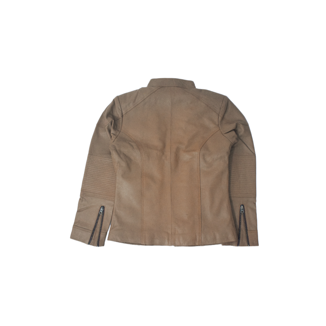Women's Tan Brown Leather Jacket with Quilted Sleeves & Zip Detailing – Eliteverse - Image 5