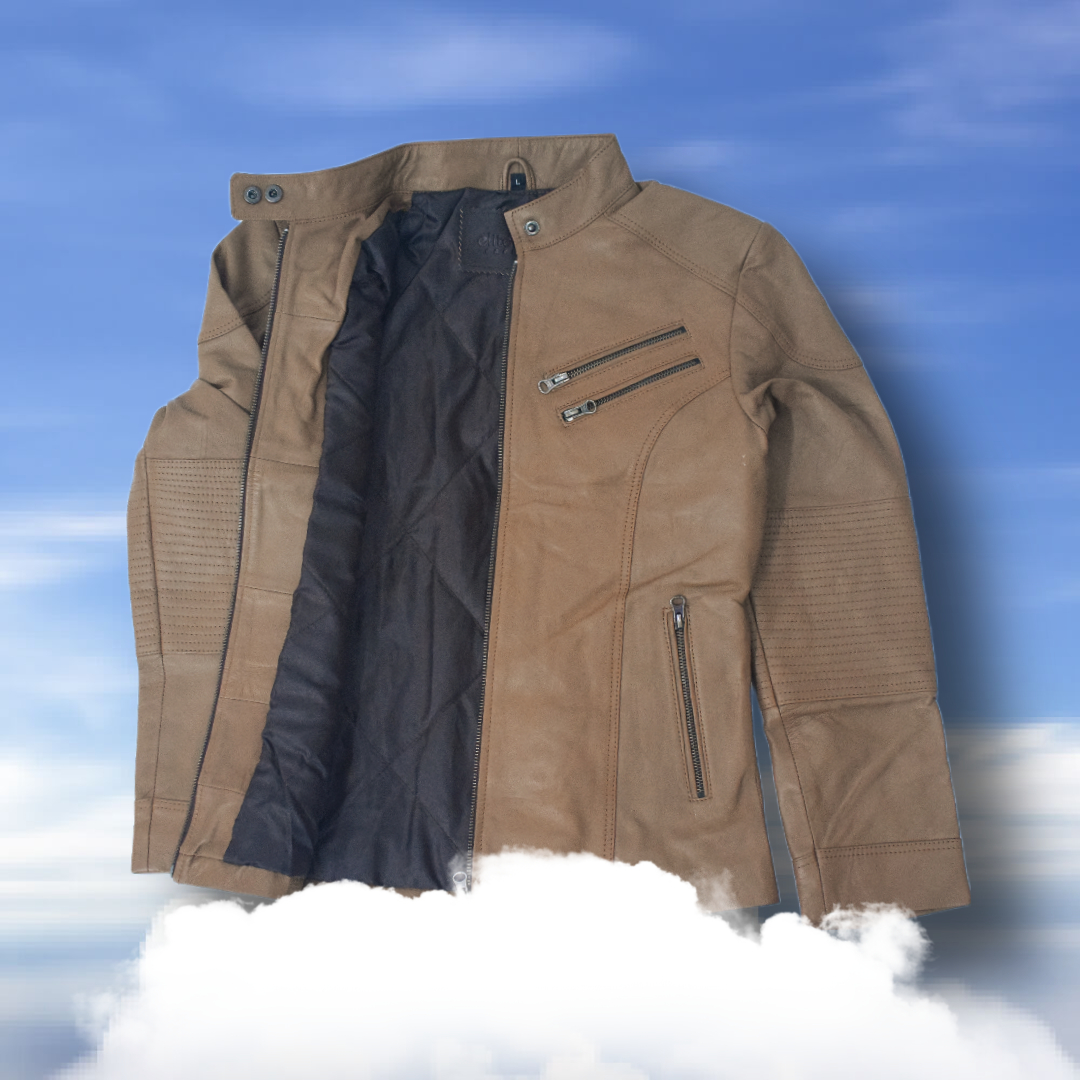 Women's Tan Brown Leather Jacket with Quilted Sleeves & Zip Detailing – Eliteverse - Image 3