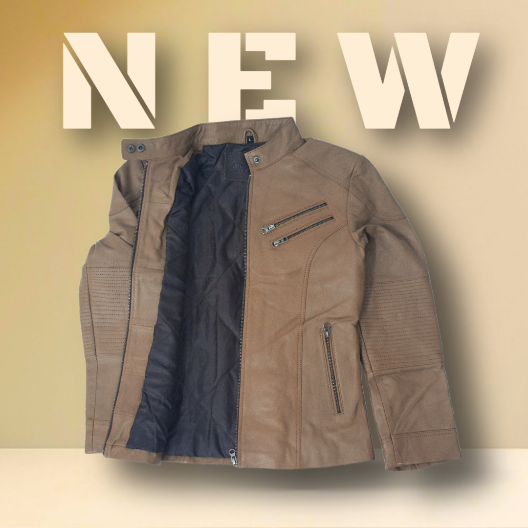 Women's Tan Brown Leather Jacket with Quilted Sleeves & Zip Detailing – Eliteverse