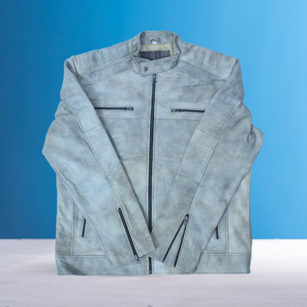 Eliteverse Men’s Vintage Grey Leather Jacket – Distressed Finish & Stand Collar - Image 2