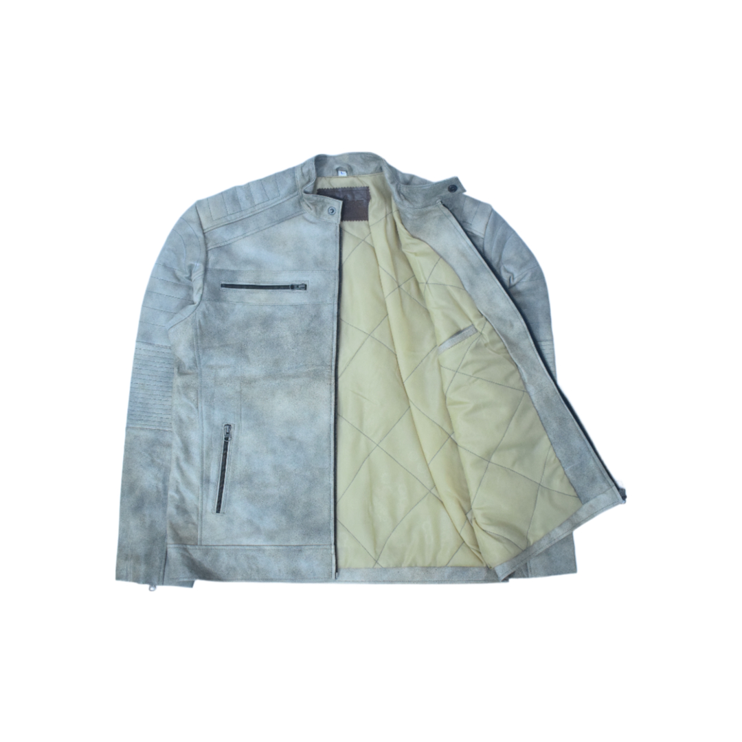 Eliteverse Men’s Vintage Grey Leather Jacket – Distressed Finish & Stand Collar - Image 3