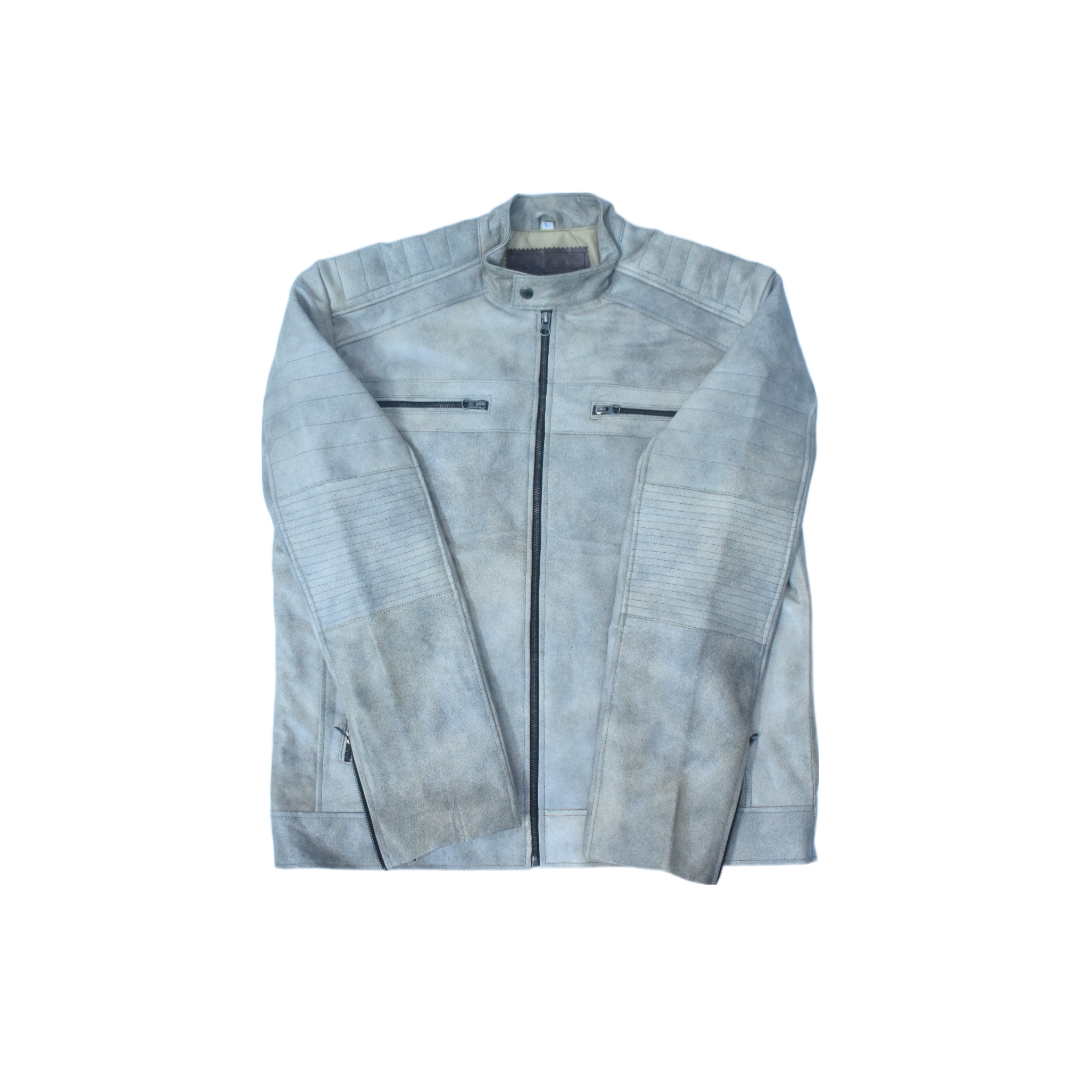 Eliteverse Men’s Vintage Grey Leather Jacket – Distressed Finish & Stand Collar - Image 4