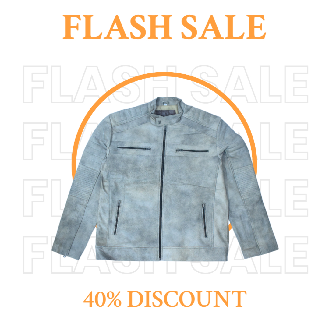 Eliteverse Men’s Vintage Grey Leather Jacket – Distressed Finish & Stand Collar