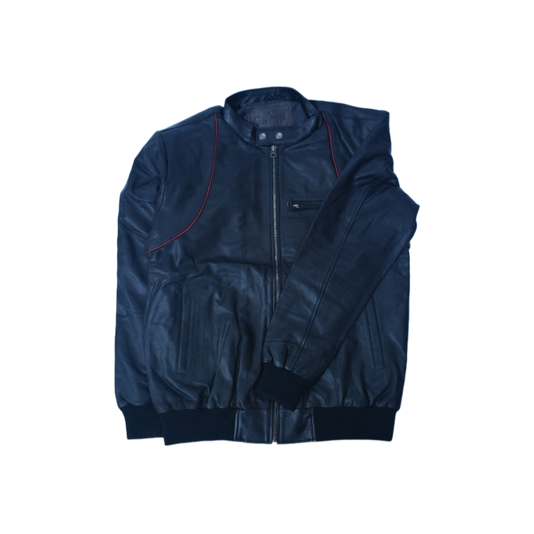 Eliteverse Men’s Black Bomber Leather Jacket – Red Trim Detailing & Ribbed Design - Image 4