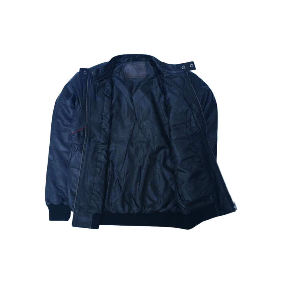 Eliteverse Men’s Black Bomber Leather Jacket – Red Trim Detailing & Ribbed Design - Image 3