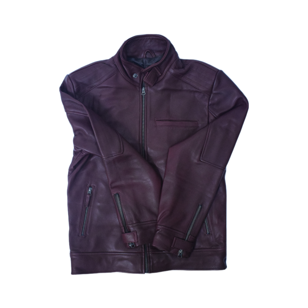 Eliteverse Men’s Maroon Leather Jacket – Premium Slim Fit with Zipper Cuffs & Stand Collar - Image 2
