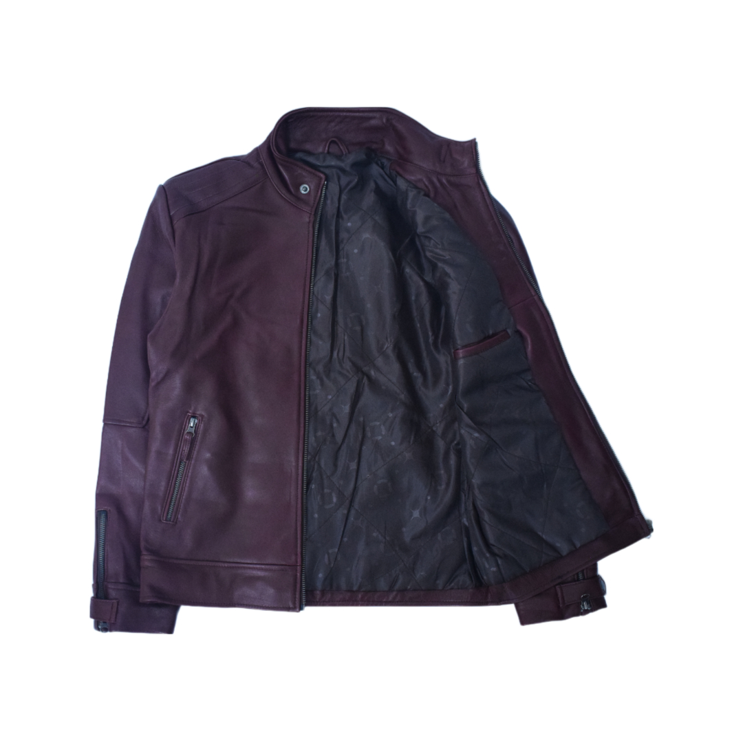 Eliteverse Men’s Maroon Leather Jacket – Premium Slim Fit with Zipper Cuffs & Stand Collar - Image 3