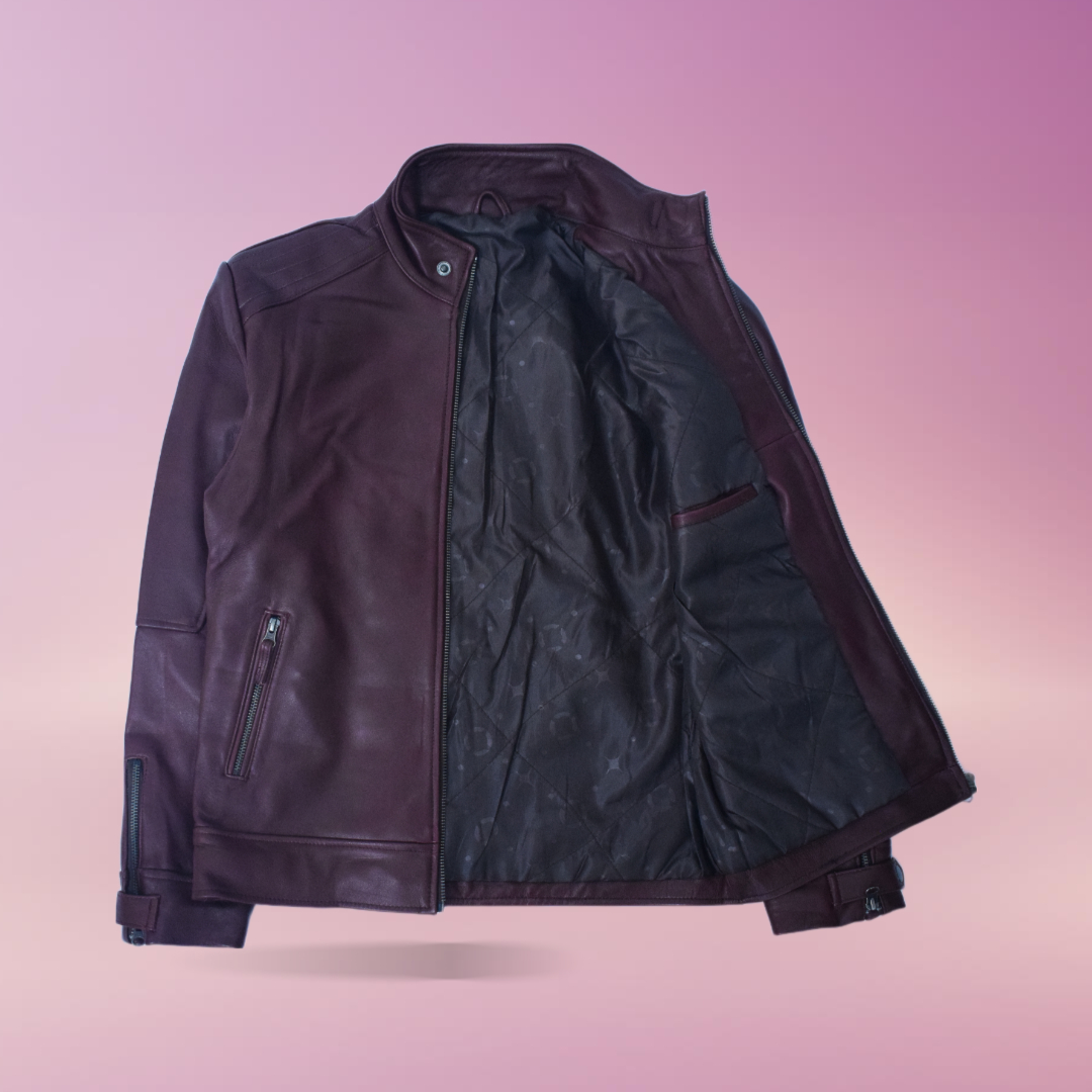 Eliteverse Men’s Maroon Leather Jacket – Premium Slim Fit with Zipper Cuffs & Stand Collar - Image 4