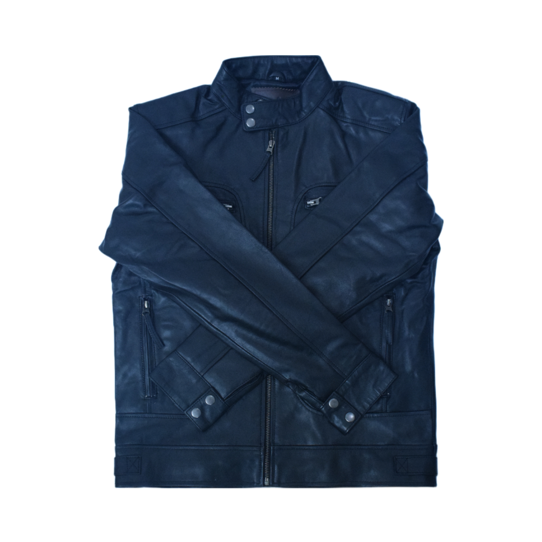 Eliteverse Men’s Classic Black Leather Jacket – Dual Snap Collar & Four Zipper Design - Image 2