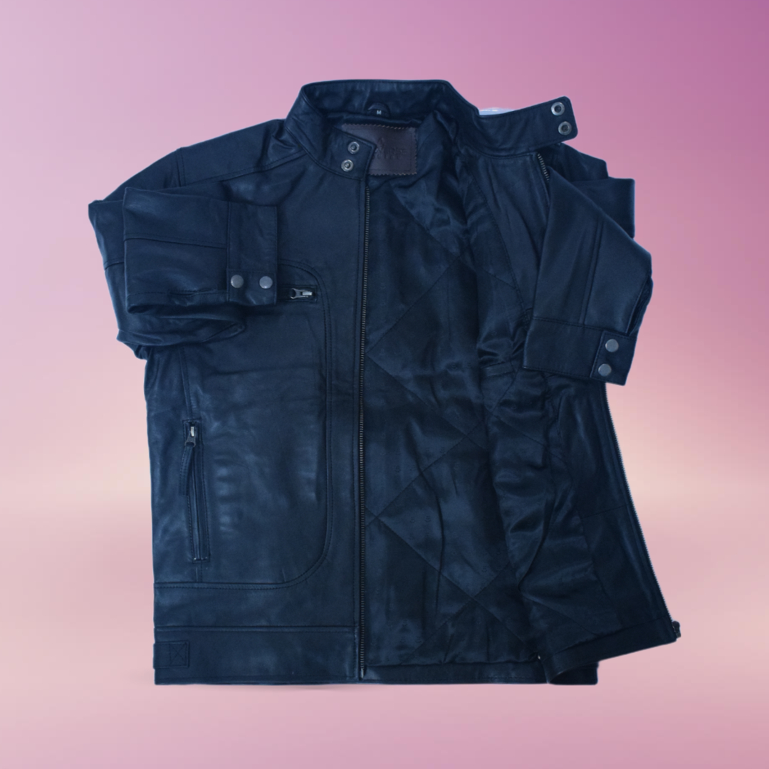 Eliteverse Men’s Classic Black Leather Jacket – Dual Snap Collar & Four Zipper Design - Image 4