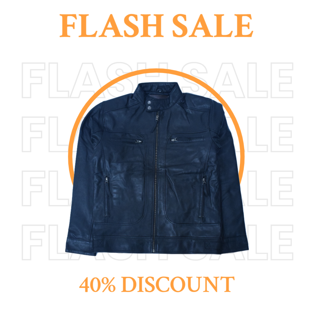 Eliteverse Men’s Classic Black Leather Jacket – Dual Snap Collar & Four Zipper Design