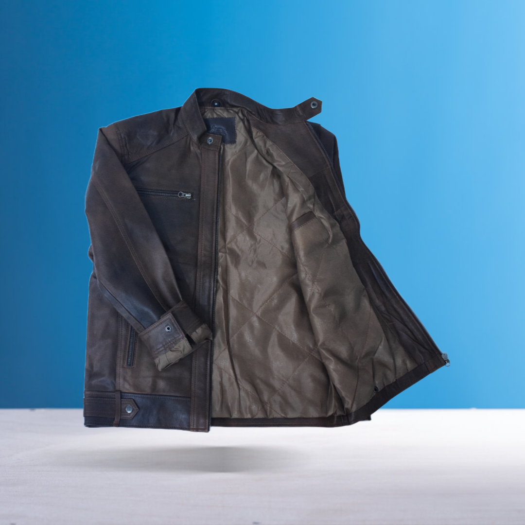 Eliteverse Men’s Chocolate Brown Leather Jacket – Rider Style with Waist Straps & Dual Chest Zippers - Image 4